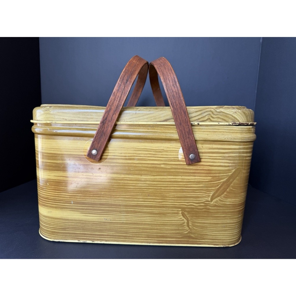 Vintage 1950s Faux Wood Grain Metal Picnic Basket with Wooden Handles